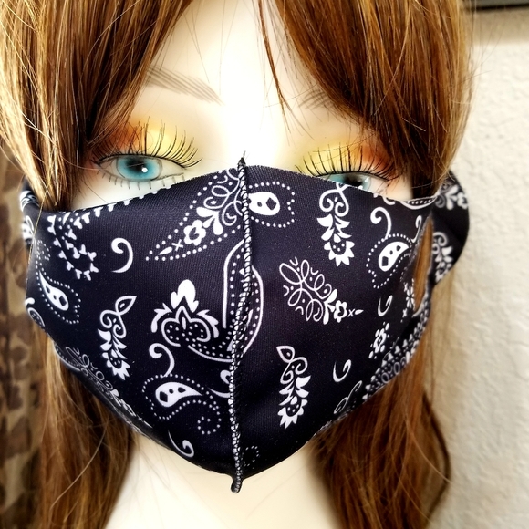 Bandana Black Print Face Mask New - Picture 2 of 5